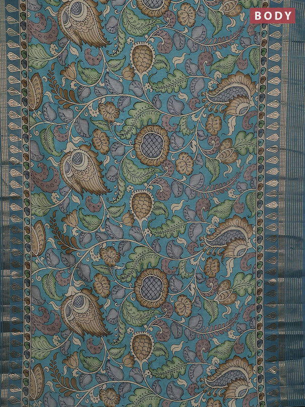 Semi tussar saree blue shade and cream with allover kalamkari prints and zari woven border