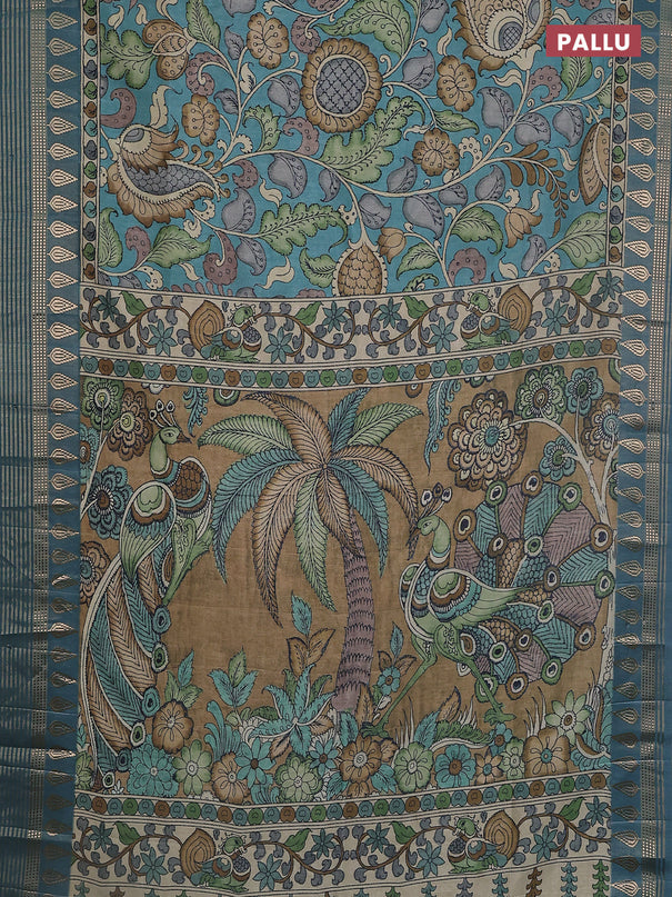 Semi tussar saree blue shade and cream with allover kalamkari prints and zari woven border