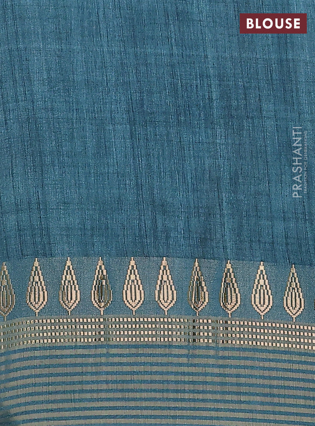 Semi tussar saree blue shade and cream with allover kalamkari prints and zari woven border