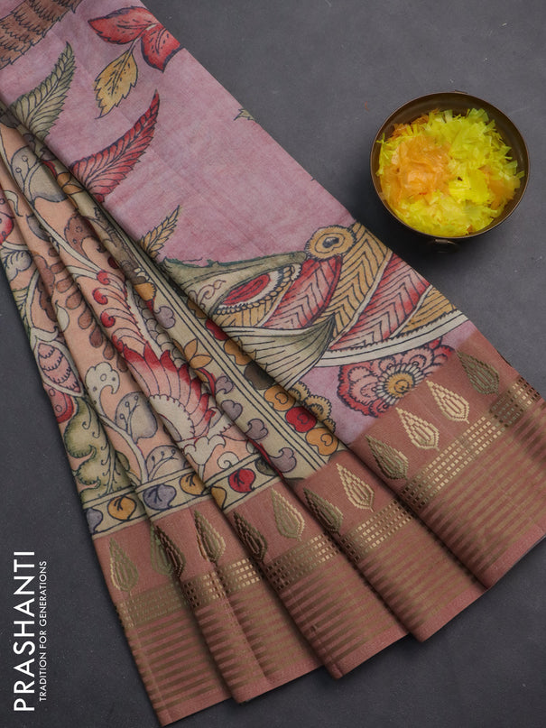 Semi tussar saree mild peach with allover kalamkari prints and zari woven border