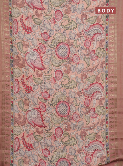Semi tussar saree mild peach with allover kalamkari prints and zari woven border