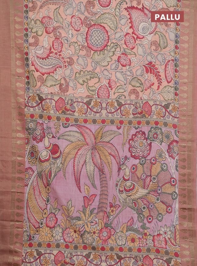 Semi tussar saree mild peach with allover kalamkari prints and zari woven border