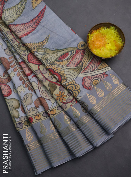 Semi tussar saree pastel grey with allover kalamkari prints and zari woven border