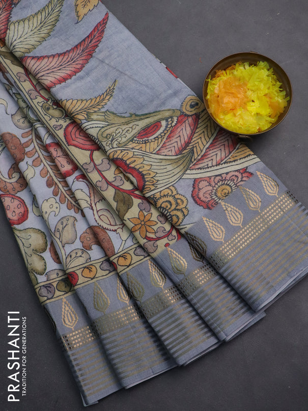 Semi tussar saree pastel grey with allover kalamkari prints and zari woven border