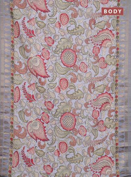 Semi tussar saree pastel grey with allover kalamkari prints and zari woven border
