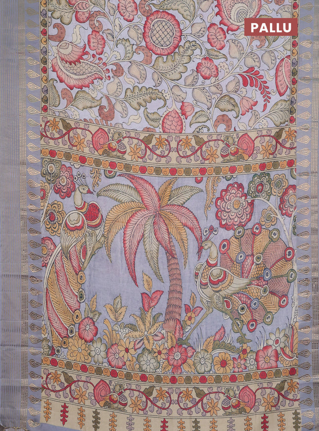 Semi tussar saree pastel grey with allover kalamkari prints and zari woven border