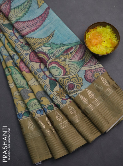 Semi tussar saree yellow shade and cream with allover kalamkari prints and zari woven border