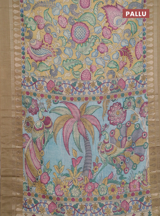 Semi tussar saree yellow shade and cream with allover kalamkari prints and zari woven border