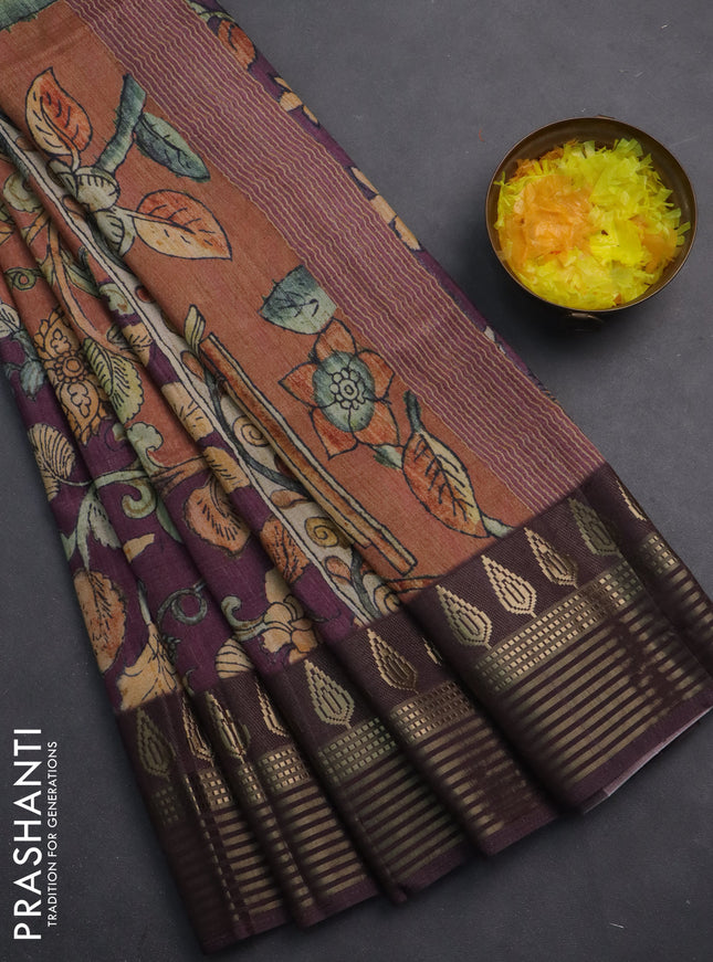 Semi tussar saree rust shade and deep wine with allover kalamkari prints and zari woven border