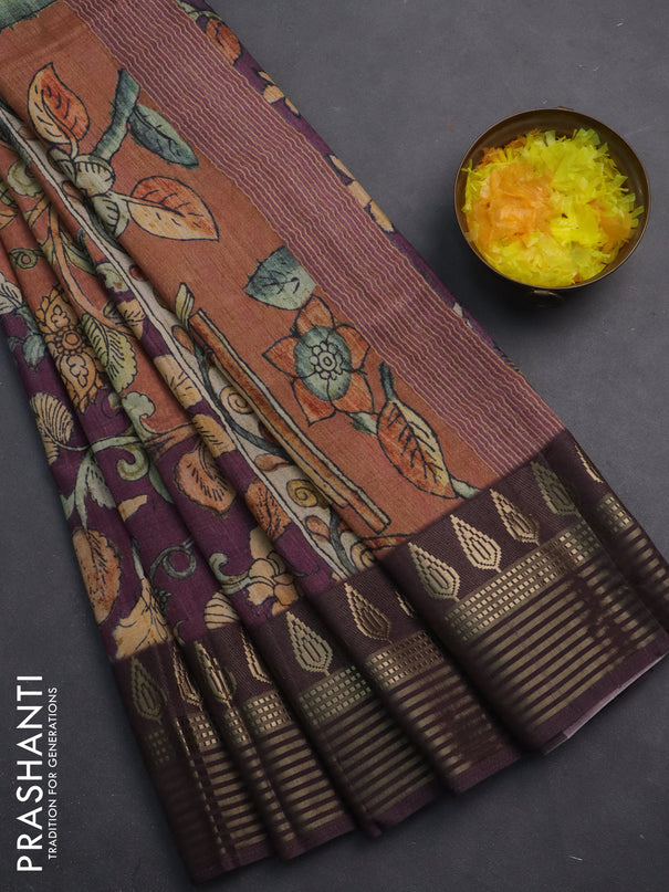 Semi tussar saree rust shade and deep wine with allover kalamkari prints and zari woven border