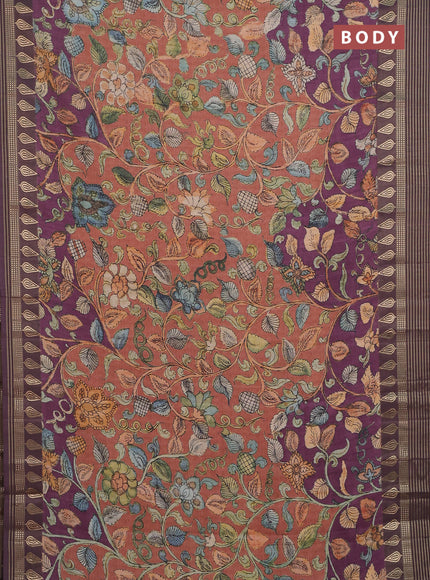 Semi tussar saree rust shade and deep wine with allover kalamkari prints and zari woven border