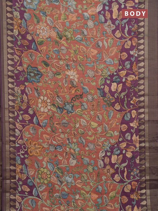 Semi tussar saree rust shade and deep wine with allover kalamkari prints and zari woven border