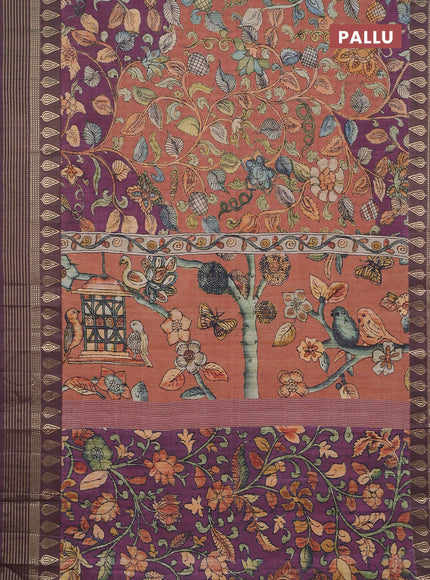 Semi tussar saree rust shade and deep wine with allover kalamkari prints and zari woven border