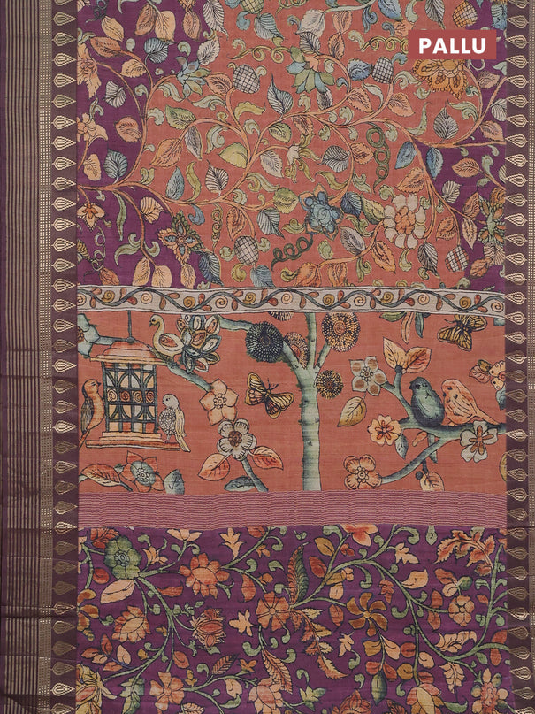 Semi tussar saree rust shade and deep wine with allover kalamkari prints and zari woven border