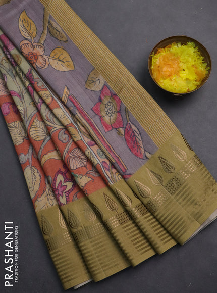 Semi tussar saree rustic orange and dark mustard with allover kalamkari prints and zari woven border
