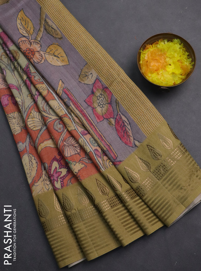 Semi tussar saree rustic orange and dark mustard with allover kalamkari prints and zari woven border