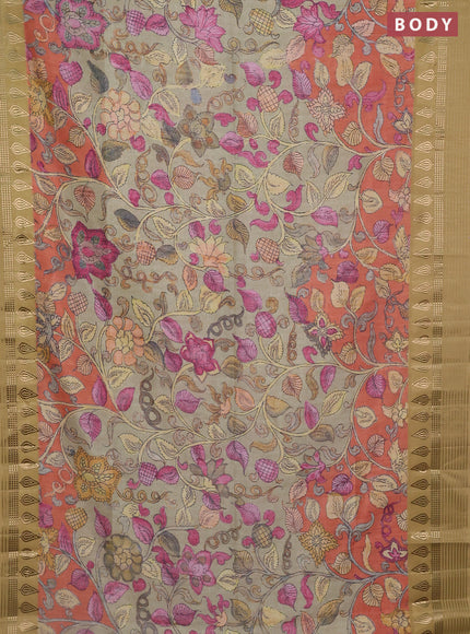 Semi tussar saree rustic orange and dark mustard with allover kalamkari prints and zari woven border