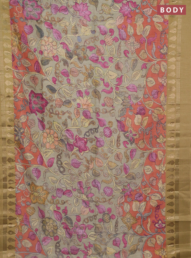 Semi tussar saree rustic orange and dark mustard with allover kalamkari prints and zari woven border