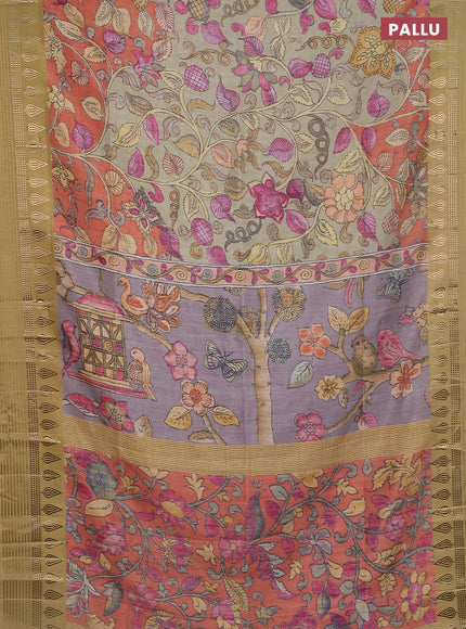 Semi tussar saree rustic orange and dark mustard with allover kalamkari prints and zari woven border