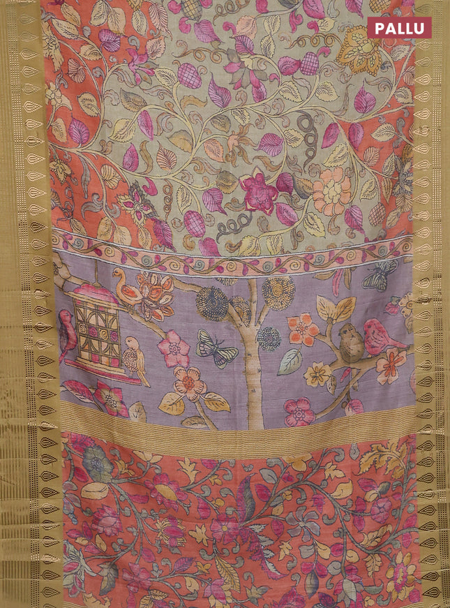 Semi tussar saree rustic orange and dark mustard with allover kalamkari prints and zari woven border