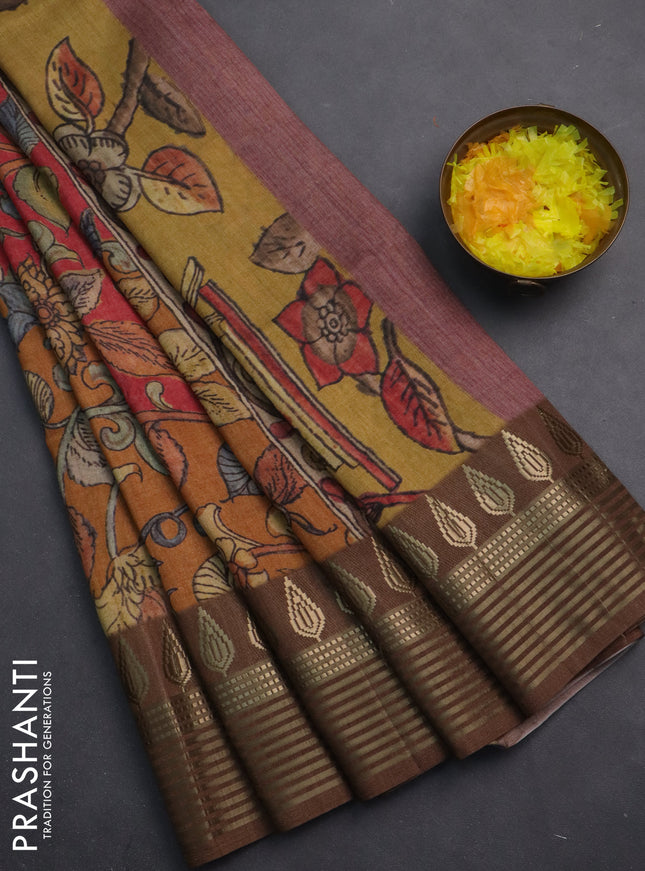 Semi tussar saree red shade and brown with allover kalamkari prints and zari woven border