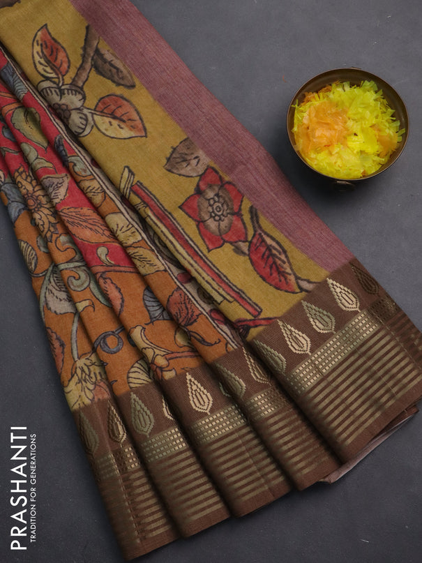Semi tussar saree red shade and brown with allover kalamkari prints and zari woven border