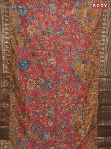 Semi tussar saree red shade and brown with allover kalamkari prints and zari woven border