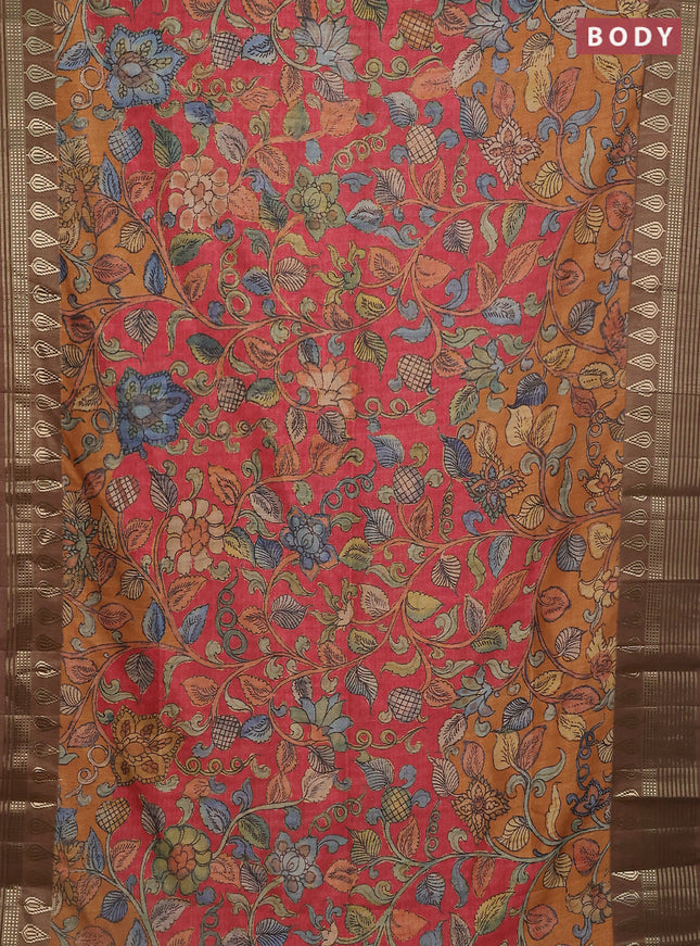 Semi tussar saree red shade and brown with allover kalamkari prints and zari woven border