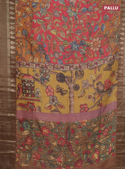 Semi tussar saree red shade and brown with allover kalamkari prints and zari woven border