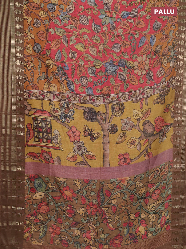 Semi tussar saree red shade and brown with allover kalamkari prints and zari woven border