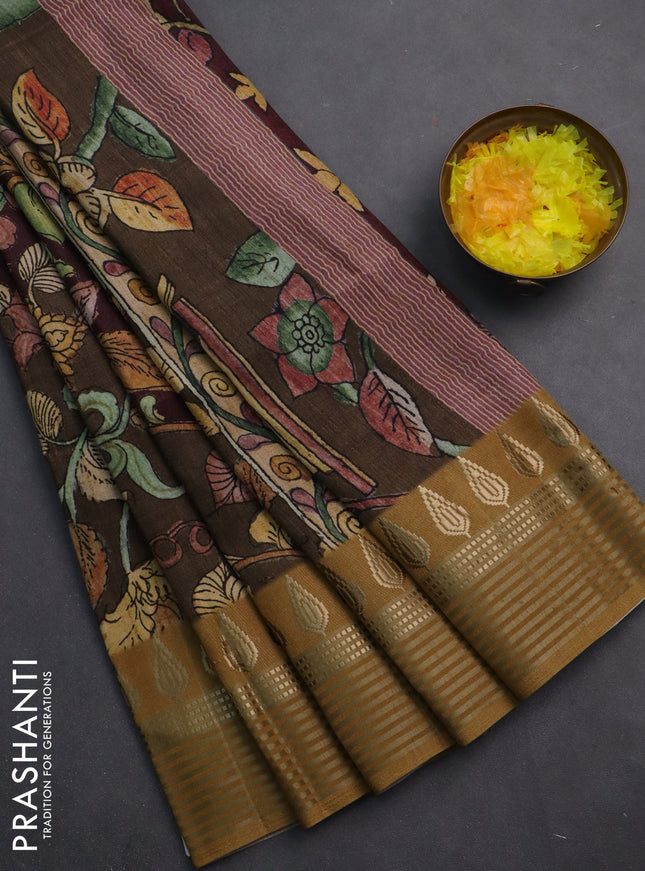 Semi tussar saree deep maroon and dark mustard with allover kalamkari prints and zari woven border
