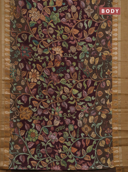 Semi tussar saree deep maroon and dark mustard with allover kalamkari prints and zari woven border