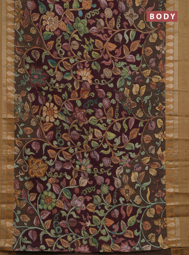 Semi tussar saree deep maroon and dark mustard with allover kalamkari prints and zari woven border