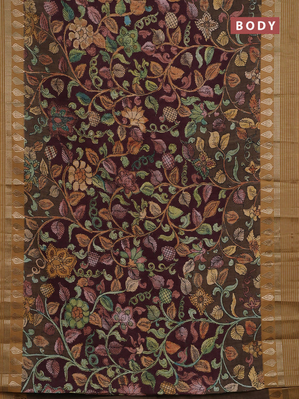 Semi tussar saree deep maroon and dark mustard with allover kalamkari prints and zari woven border