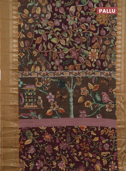 Semi tussar saree deep maroon and dark mustard with allover kalamkari prints and zari woven border