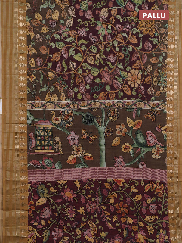 Semi tussar saree deep maroon and dark mustard with allover kalamkari prints and zari woven border