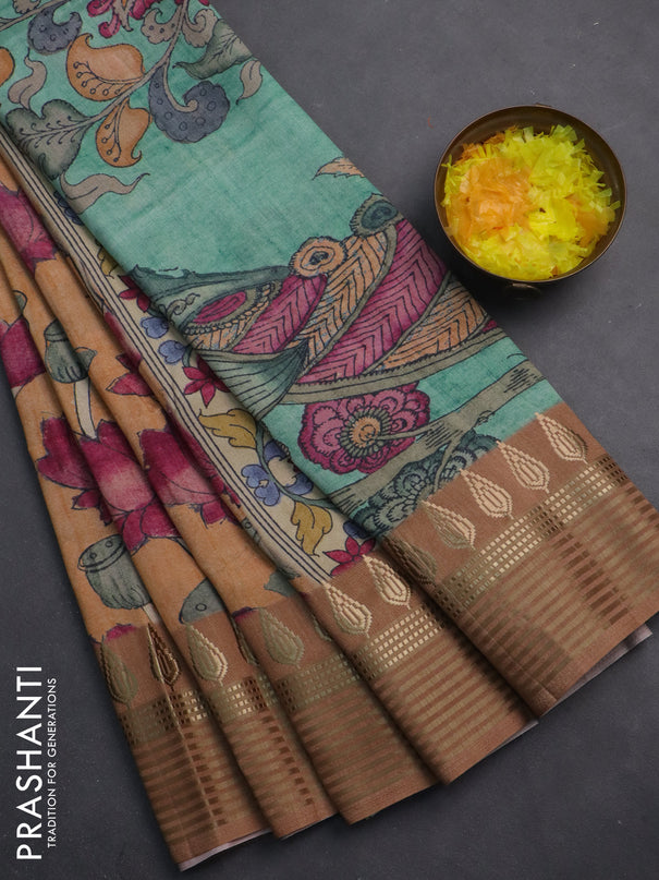 Semi tussar saree peach orange and pastel brown with allover kalamkari prints and zari woven border