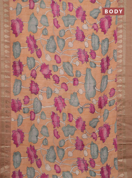 Semi tussar saree peach orange and pastel brown with allover kalamkari prints and zari woven border