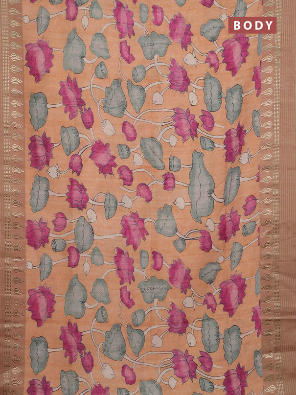 Semi tussar saree peach orange and pastel brown with allover kalamkari prints and zari woven border
