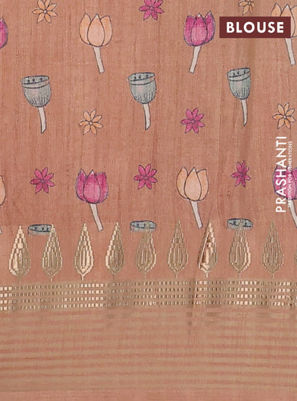 Semi tussar saree peach orange and pastel brown with allover kalamkari prints and zari woven border