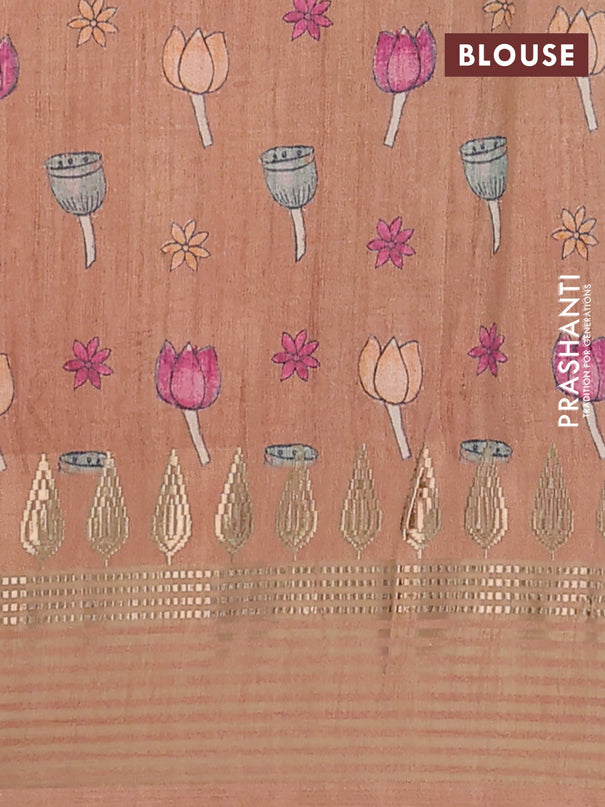 Semi tussar saree peach orange and pastel brown with allover kalamkari prints and zari woven border