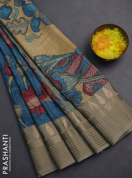 Semi tussar saree peacock blue and beige with allover kalamkari prints and zari woven border
