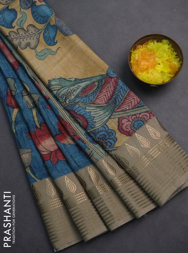 Semi tussar saree peacock blue and beige with allover kalamkari prints and zari woven border