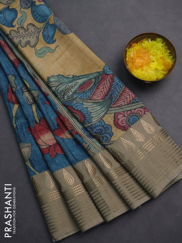 Semi tussar saree peacock blue and beige with allover kalamkari prints and zari woven border
