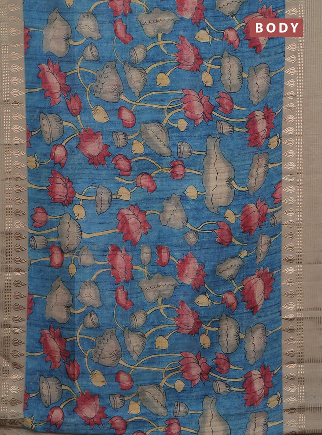 Semi tussar saree peacock blue and beige with allover kalamkari prints and zari woven border