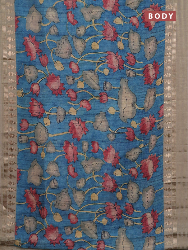 Semi tussar saree peacock blue and beige with allover kalamkari prints and zari woven border