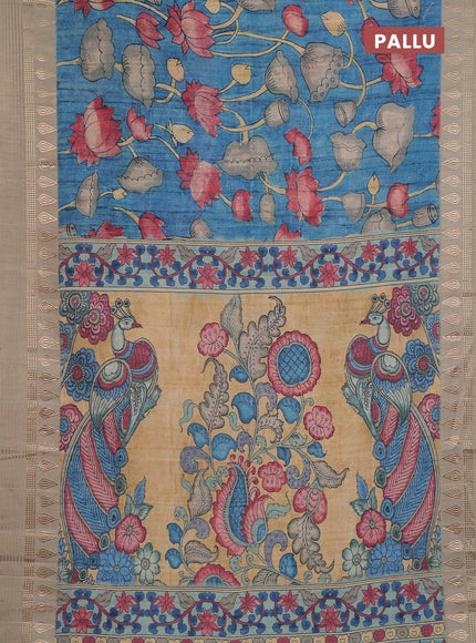 Semi tussar saree peacock blue and beige with allover kalamkari prints and zari woven border