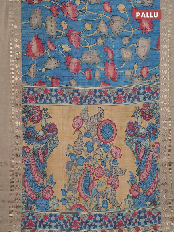 Semi tussar saree peacock blue and beige with allover kalamkari prints and zari woven border