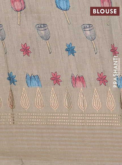 Semi tussar saree peacock blue and beige with allover kalamkari prints and zari woven border