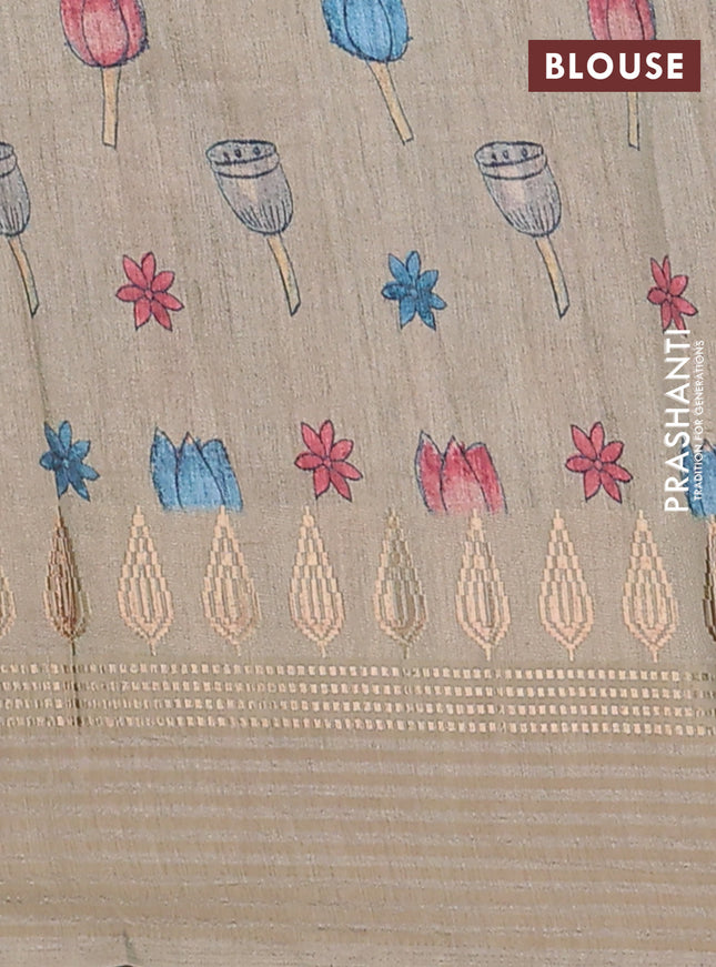 Semi tussar saree peacock blue and beige with allover kalamkari prints and zari woven border